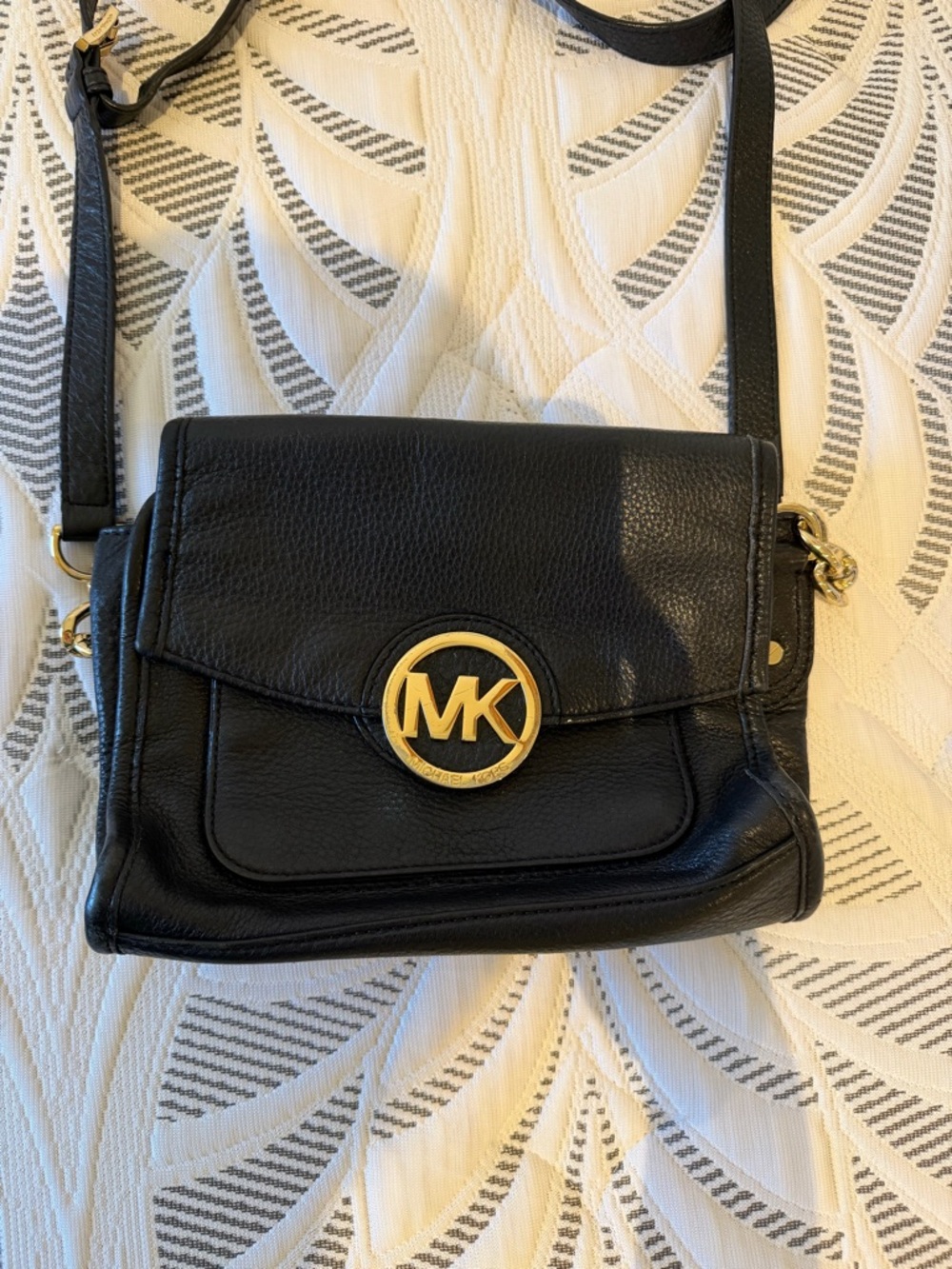 Michael Kors Black Leather Crossbody with Gold MK Medallion